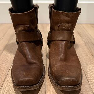 Frye Square-Toed Harness Brown Leather Ankle Boots